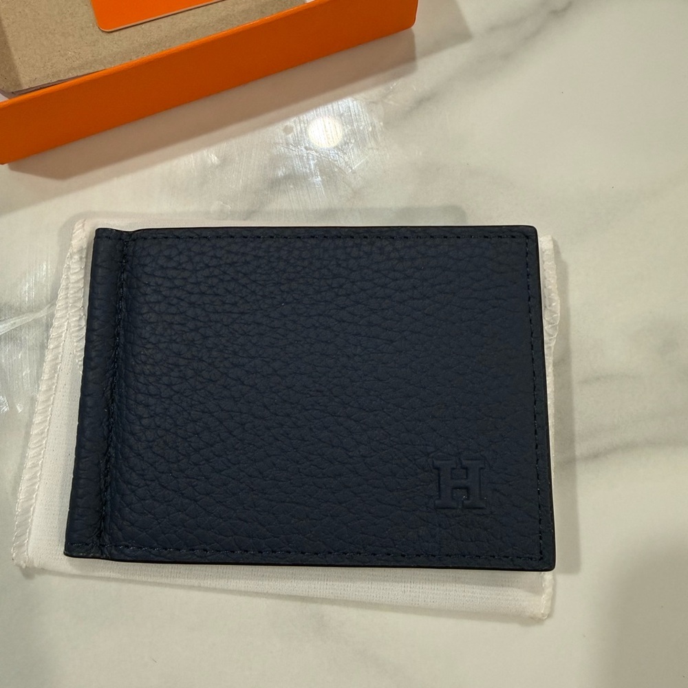 Hermes Navy Pebbled Leather Wallet with Embossed Logo